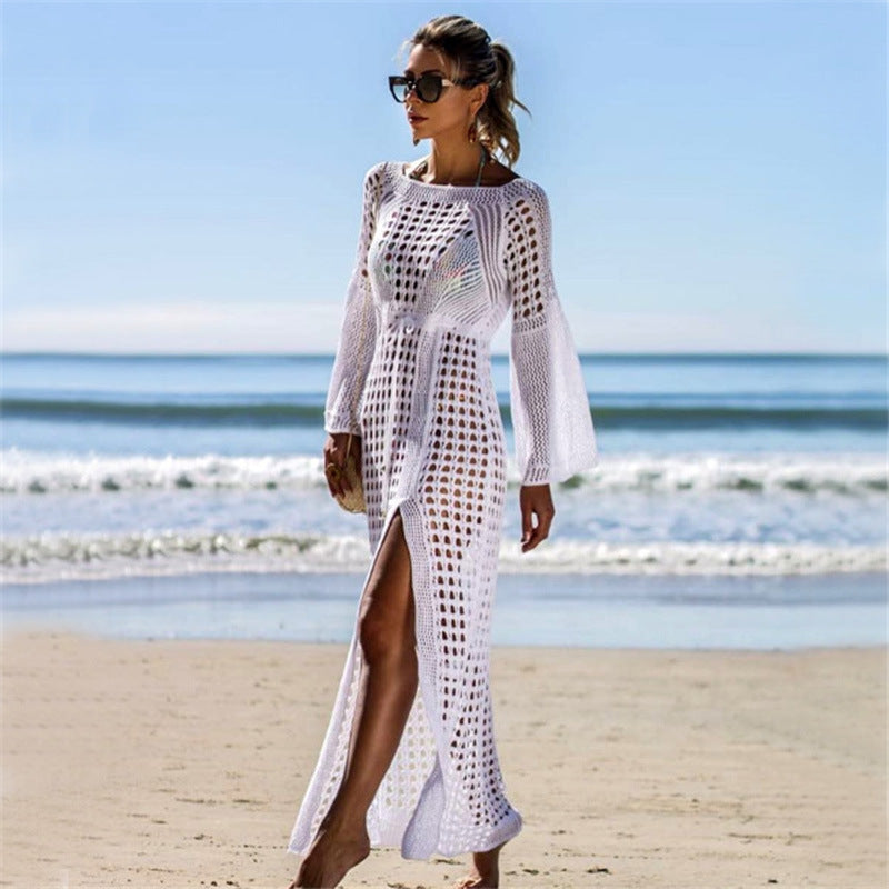 Sexy Cutout Knitted Beach Dress Long Sleeve Split Vacation Dress Swimsuit Blouse Sun Protection Clothing Crochet hook