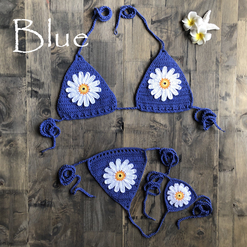 Vacation Split Swimsuit Hand-Woven Daisy Pattern Beach Bikini