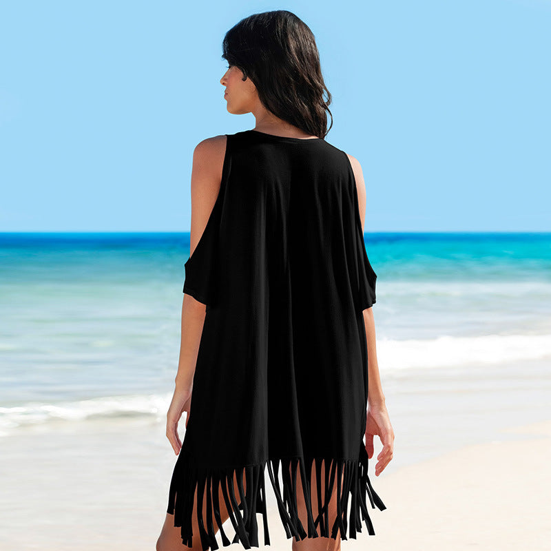 Cotton Tassel off-Shoulder Printing Loose Beach Bikini Swimsuit Blouse Coat Sun Protection Cover