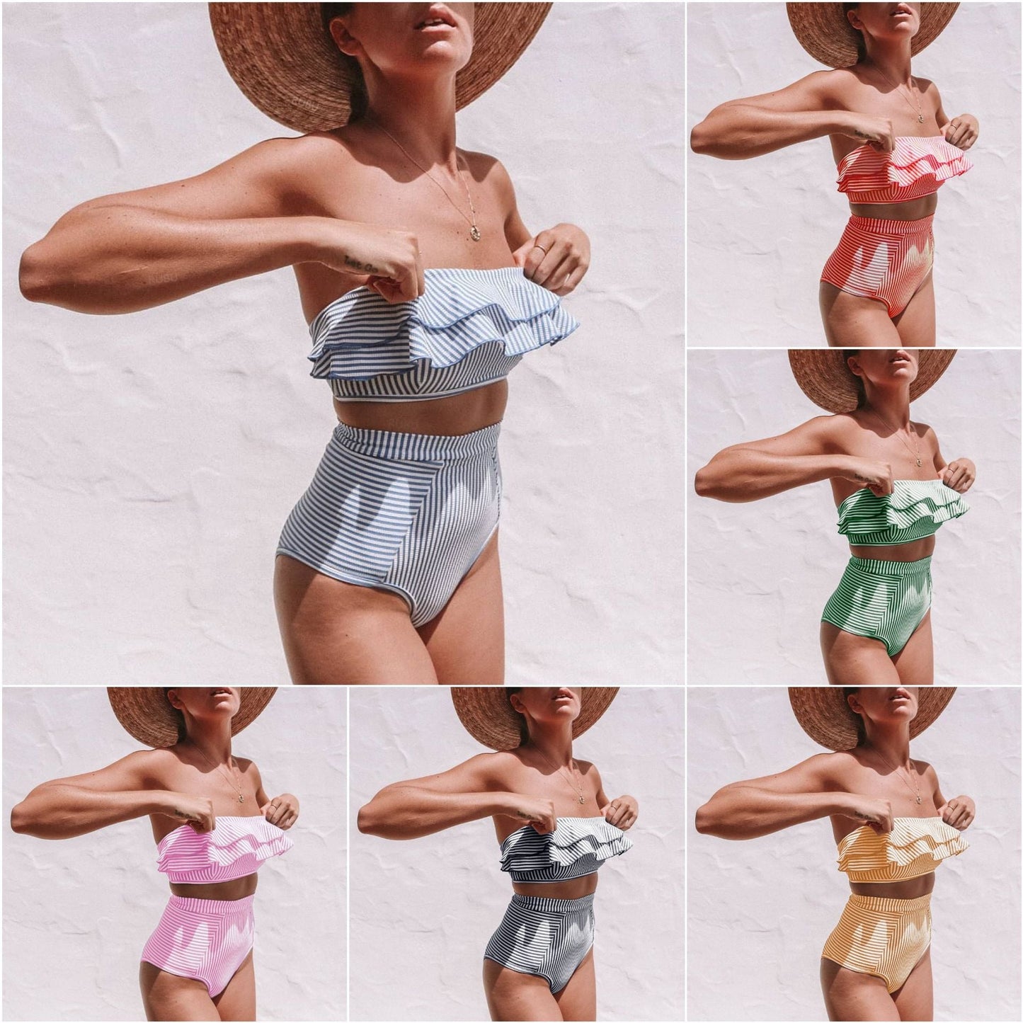Women Seperated Swimwear Irregular Asymmetric Striped Flounce High Waist Bikini Swimsuit
