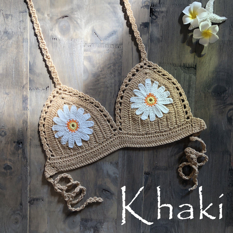 Strap Hand Crocheting Bikini Beach Weaving Daisy Hollow Out Cutout Out Swimsuit Handmade Swimsuit