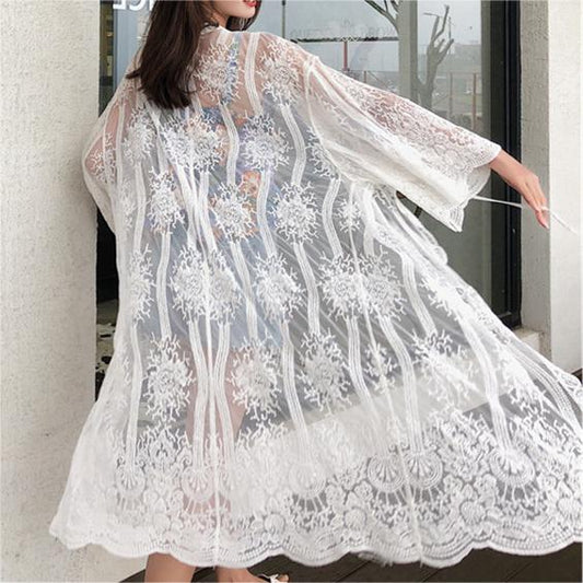 Bohemian Vacation Beach Sun Protection Clothing Women Summer Seaside Beach Cover Up Lace Cardigan Coat