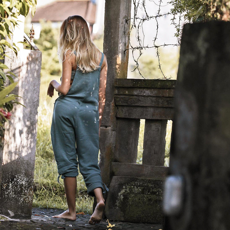 Autumn Casual Beach Trousers Solid Color Wide Leg Jumpsuit Playsuit Women