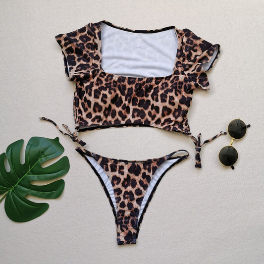 New Sexy Short Sleeved Bikini Split Swimsuit Women Solid Color Nylon Swimsuit