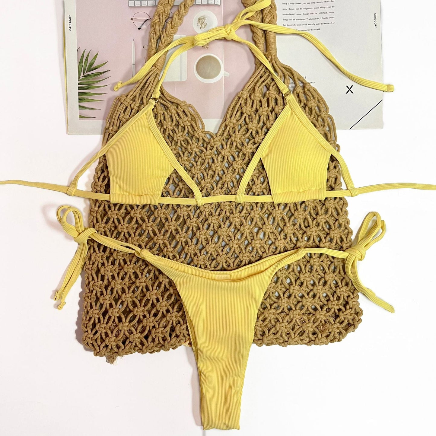 Swimsuit Special Fabric Sunken Stripe Strap Sexy Three Piece Suit Bikini Swimsuit Women