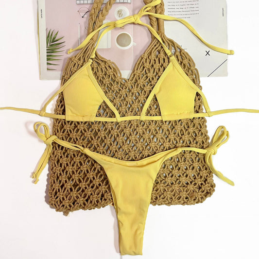 Swimsuit Special Fabric Sunken Stripe Strap Sexy Three Piece Suit Bikini Swimsuit Women