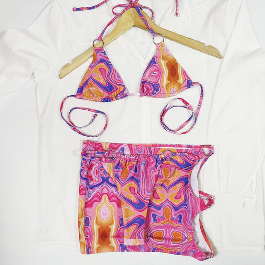 Sexy Printed Bikini Three Piece Outer Skirt Swimsuit