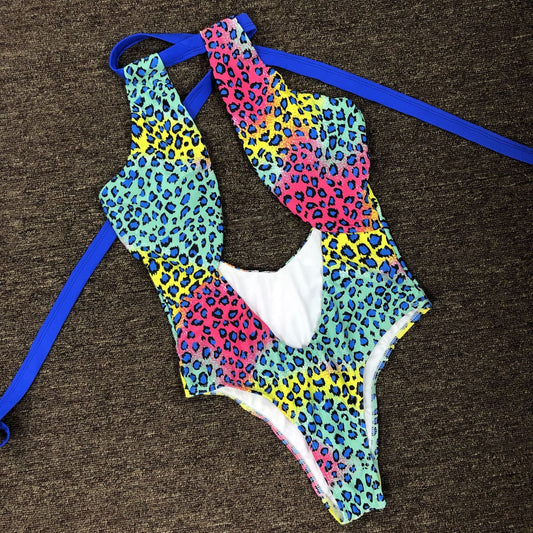 Sexy Swimsuit Export Swimwear Color Leopard Print Halter Strap One Piece Swimsuit Women