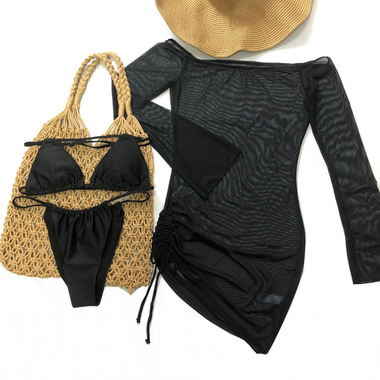 Sexy Swimsuit Outwear off Shoulder Gauzy Sun Protection Clothing Beach Cover up Bikini Three Piece