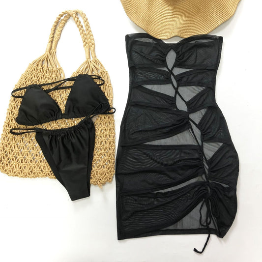 Swimwear Sexy Lacing Bandage Solid Color Ladies Three Piece Set Bikini