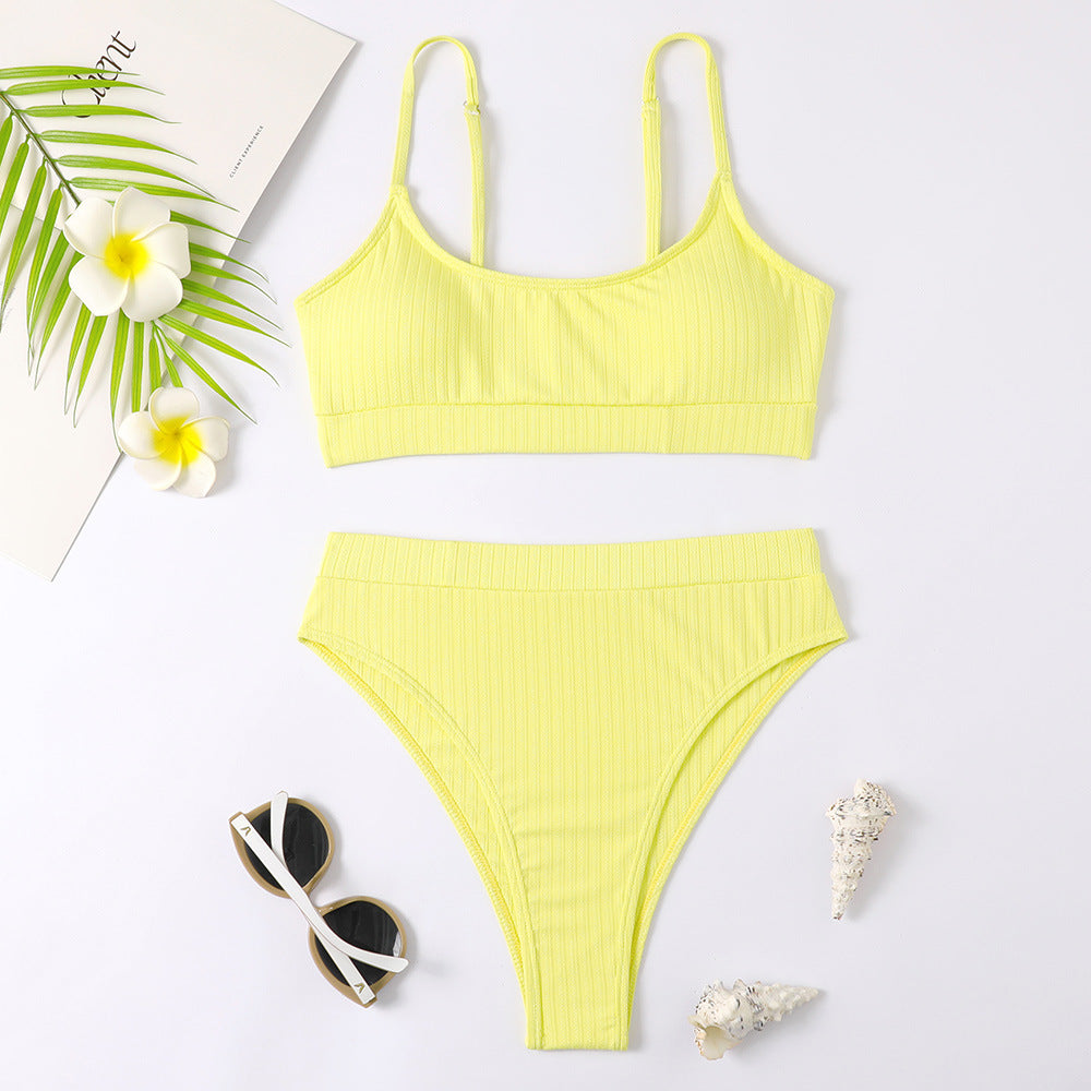 Sunken Stripe Vest High Waist Bikini Sexy Split Swimsuit Women