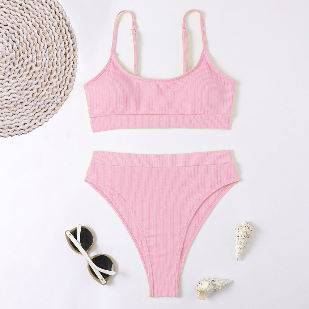 Sunken Stripe Vest High Waist Bikini Sexy Split Swimsuit Women