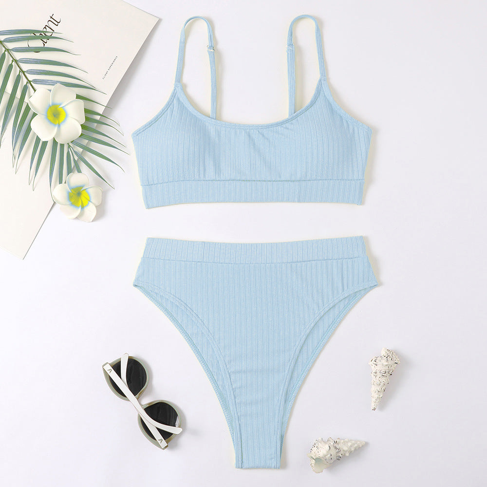 Sunken Stripe Vest High Waist Bikini Sexy Split Swimsuit Women