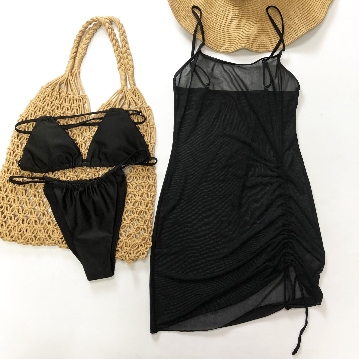 Women Swimsuit Beach Sun Protection Clothing Mesh Beach Cover up Bikini Three Piece