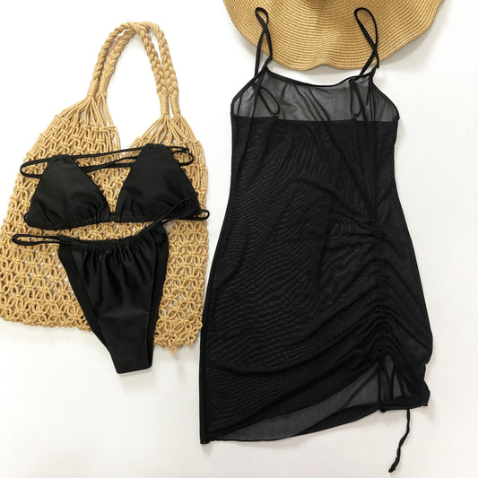 Women Swimsuit Beach Sun Protection Clothing Mesh Beach Cover up Bikini Three Piece