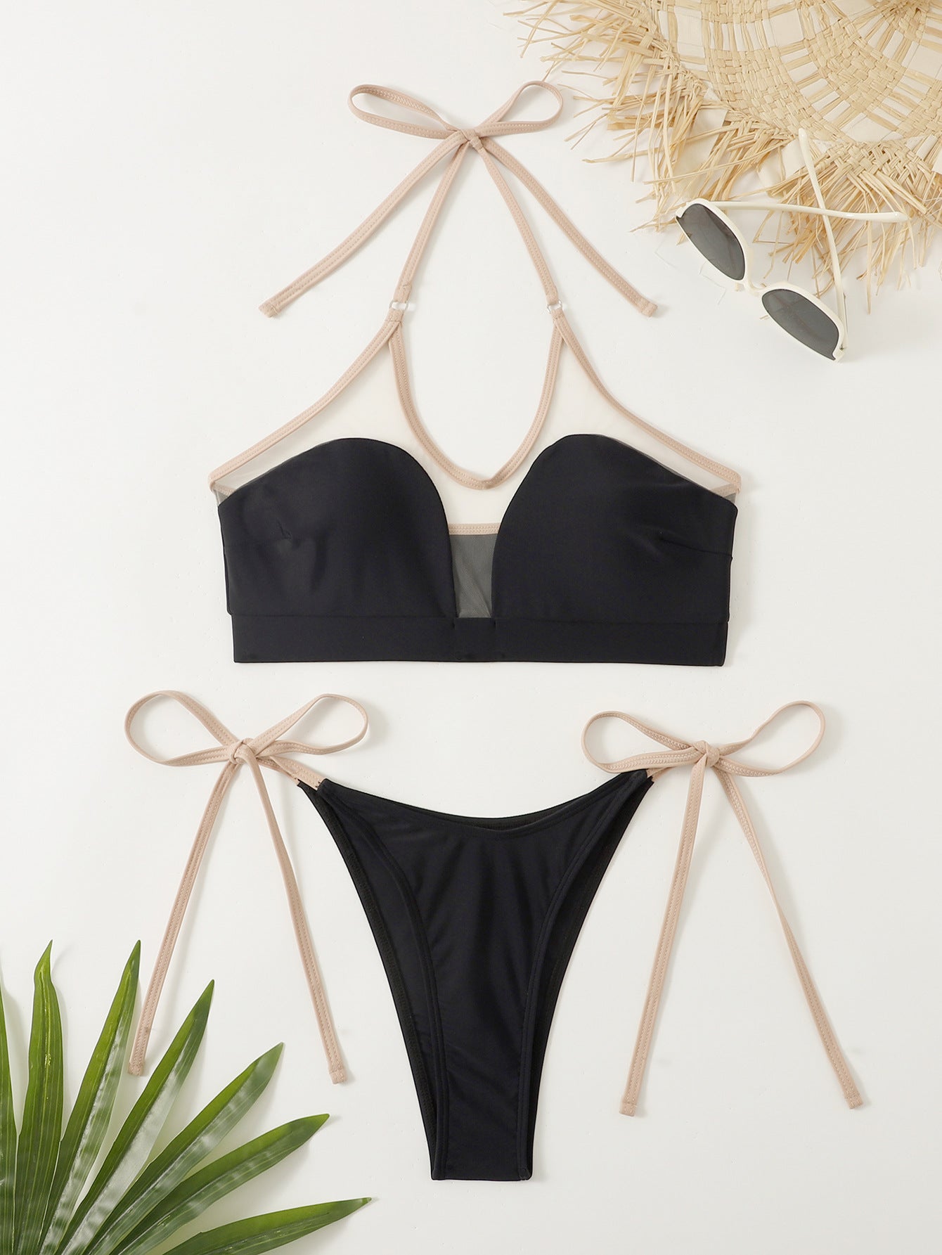 Women Mesh Stitching Lace up Split Swimsuit Bikini Tie