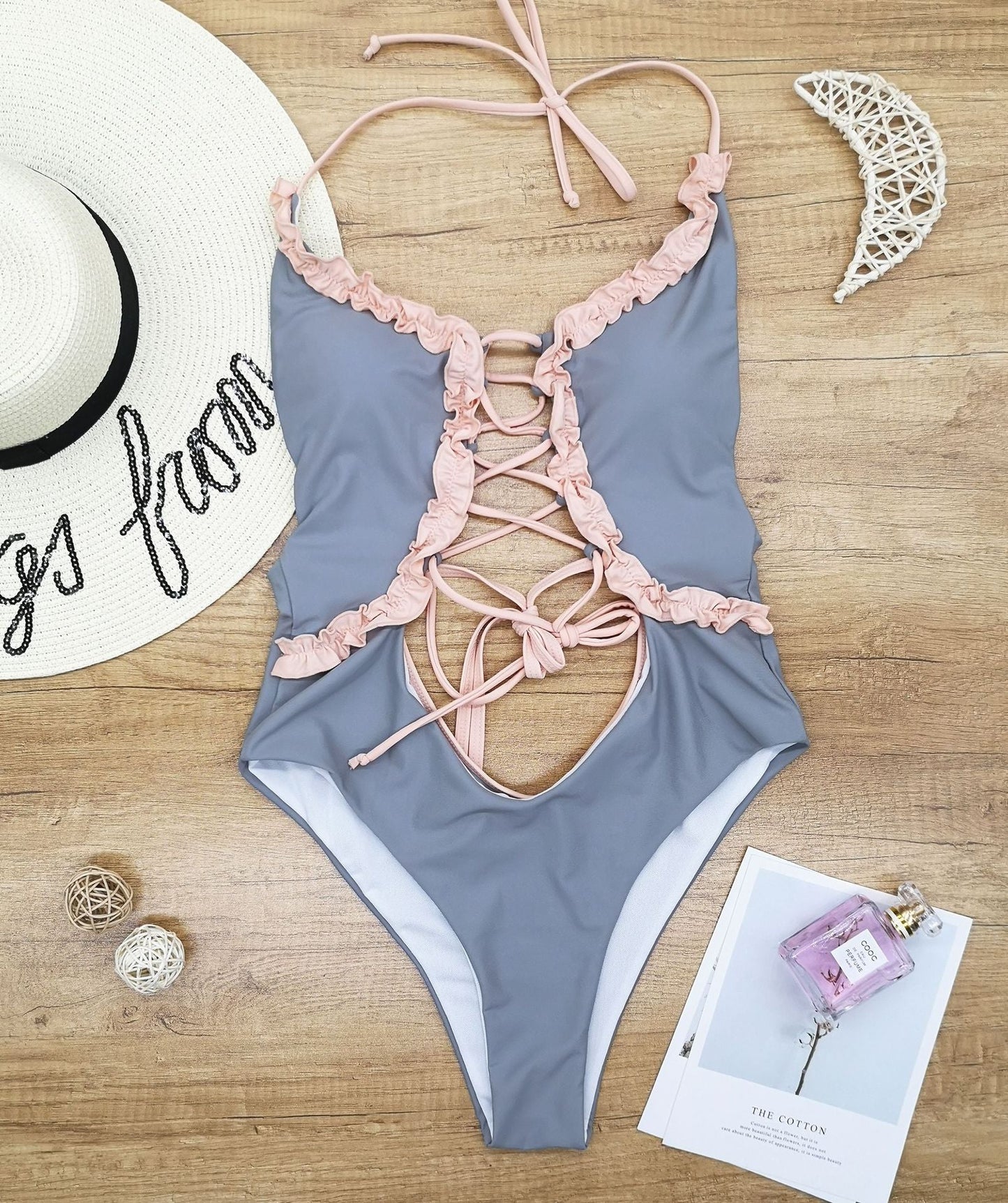 One Piece Swimsuit Solid Color Flounce Trim Lace Up Hollow Out Cutout Backless Sexy Bikini