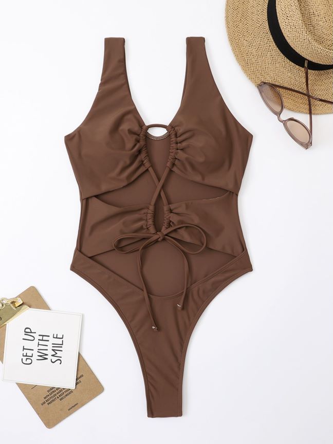 Women Hollow Out Cutout Drawstring One Piece Swimsuit Bikini
