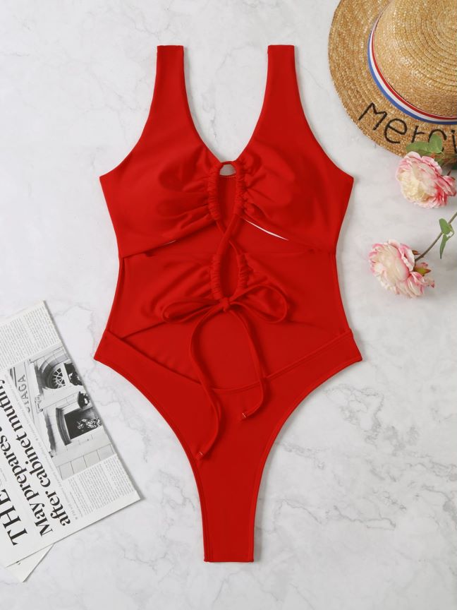 Women Hollow Out Cutout Drawstring One Piece Swimsuit Bikini