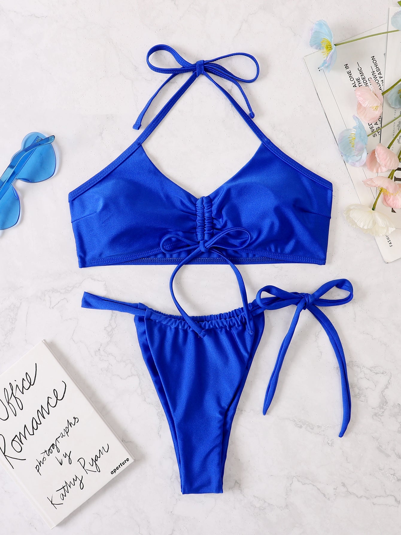 Women Solid Color Faux Drawstring Split Swimsuit Sexy Bikini