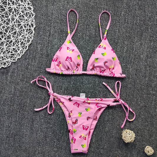 Color Blooming Printed Bikini Sexy Lace up Double Sided Fabric Women Swimsuit Bikini