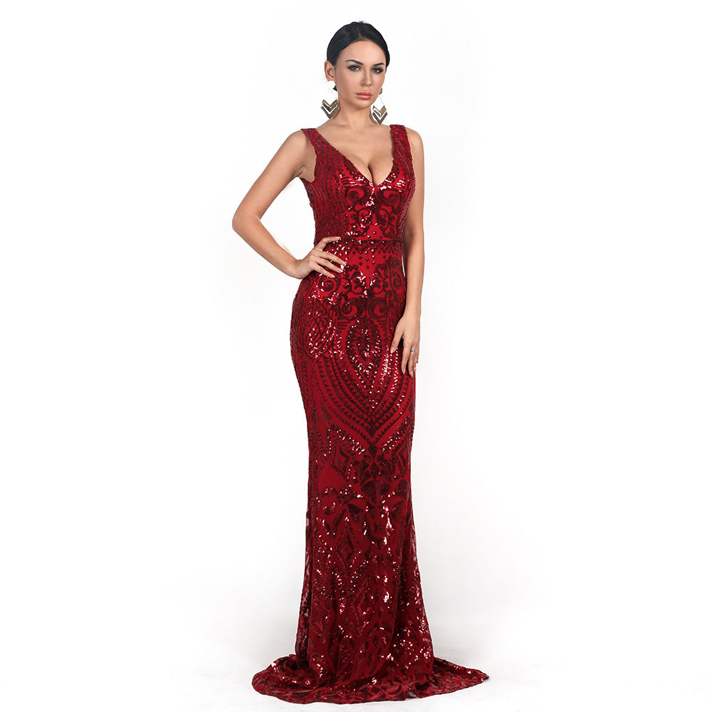 Women Evening Dress Sexy V-neck Sleeveless Sequined Geometric Abstract Vintage Backless Elegant Maxi Reflective Dress Formal Gown