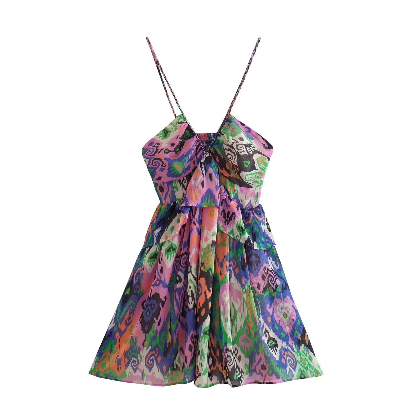Summer Women Clothing Sling Laminated Decoration Printed Underwear Dress Short Dress