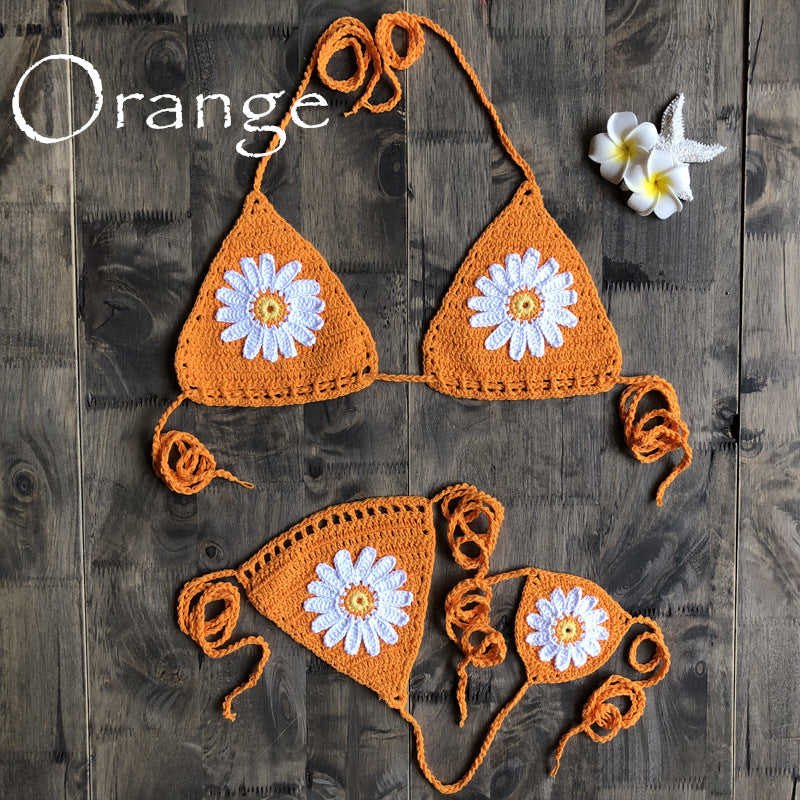 Vacation Split Swimsuit Hand-Woven Daisy Pattern Beach Bikini