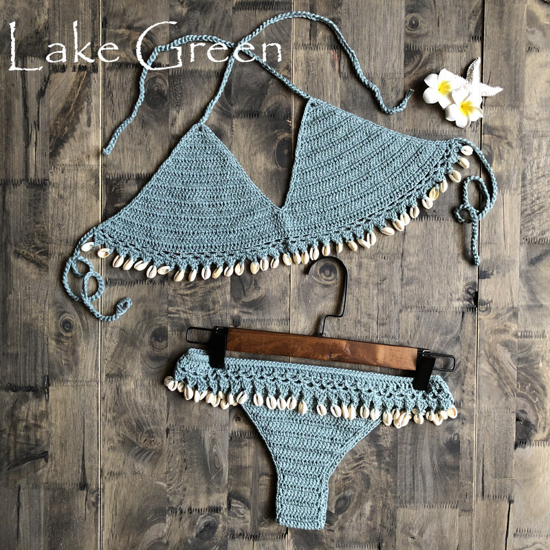 Beach Ins Hand Crocheting Cotton Woven Sexy Bikini Shell Split Swimsuit