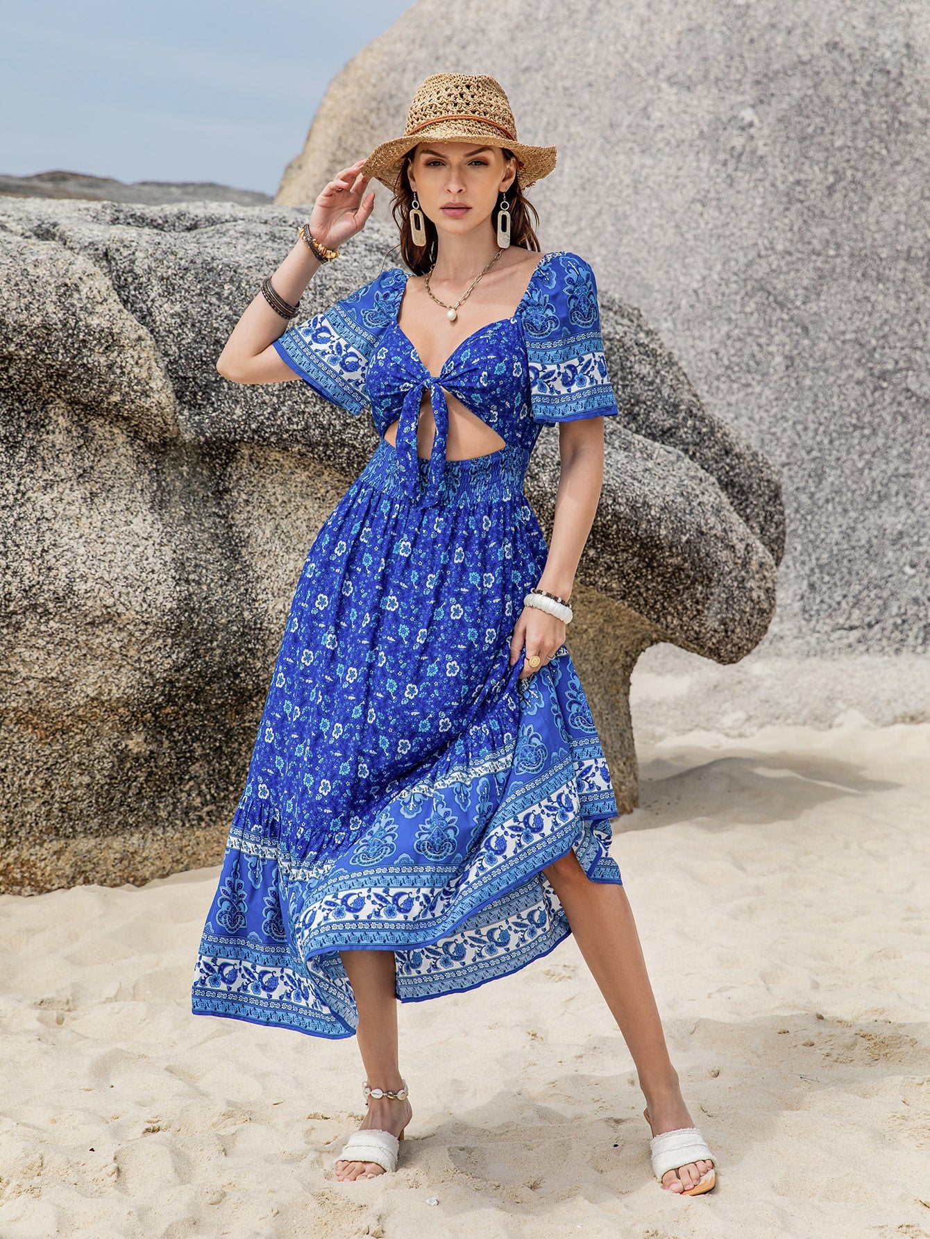 Bohemian Blue Laced Cropped Outfit Short Sleeve Dress Dress