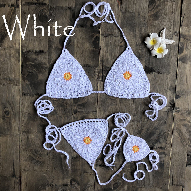 Vacation Split Swimsuit Hand-Woven Daisy Pattern Beach Bikini