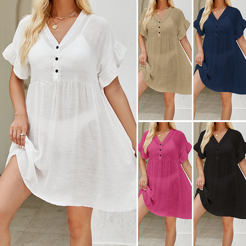 Arrival Vacation Sun Protection Blouse Solid Color Stringy Selvedge Cuff Sexy See through Bikini Smock Dress