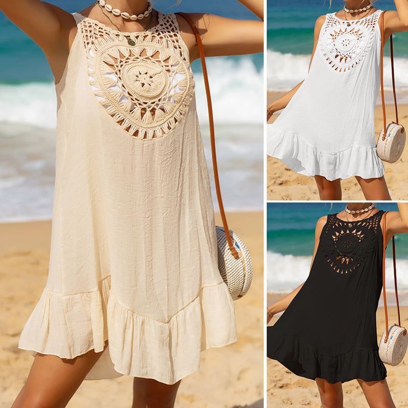 Arrival Vacation Solid Color Crochet Patchwork Cloth Wooden Ear Skirt Hollow Out Cutout Beach Beach Cover Up Skirt