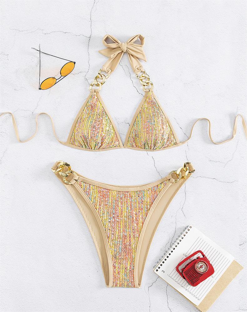 Women Swimsuit Bikini Sexy Sequined Lace Up Gold Bikini Swimsuit