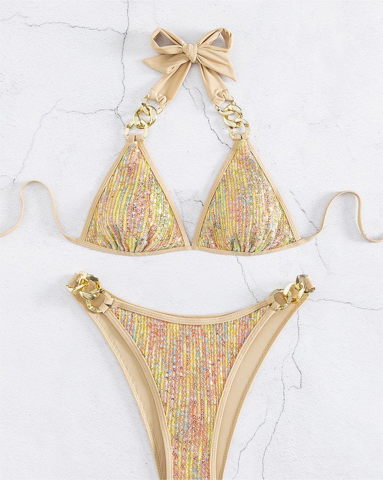 Women Swimsuit Bikini Sexy Sequined Lace Up Gold Bikini Swimsuit