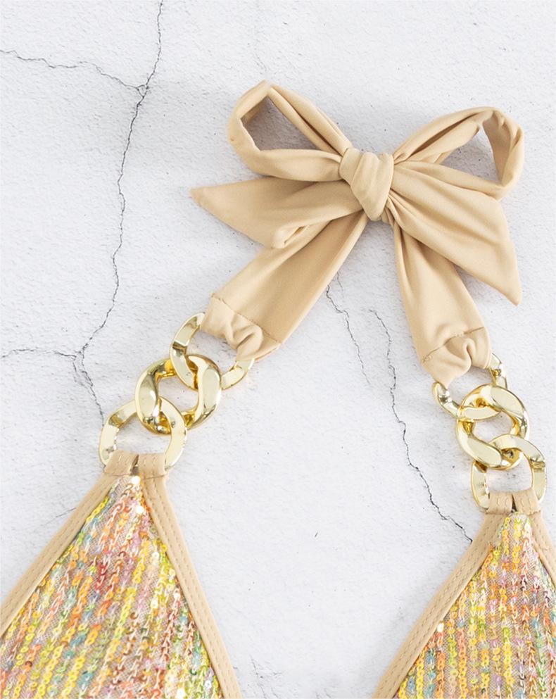 Women Swimsuit Bikini Sexy Sequined Lace Up Gold Bikini Swimsuit