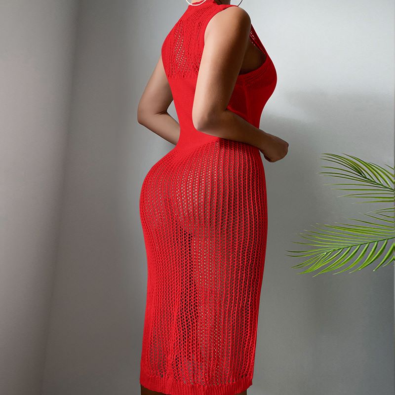 Beach Vacation Sexy Solid Color round Neck Woven Texture Split Beach Sun Protection Blouse Dress Crochet hook