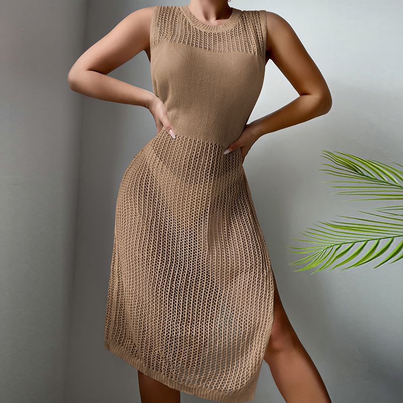 Beach Vacation Sexy Solid Color round Neck Woven Texture Split Beach Sun Protection Blouse Dress Crochet hook