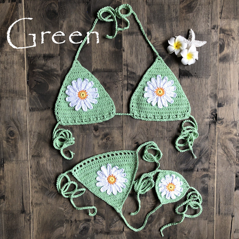 Vacation Split Swimsuit Hand-Woven Daisy Pattern Beach Bikini