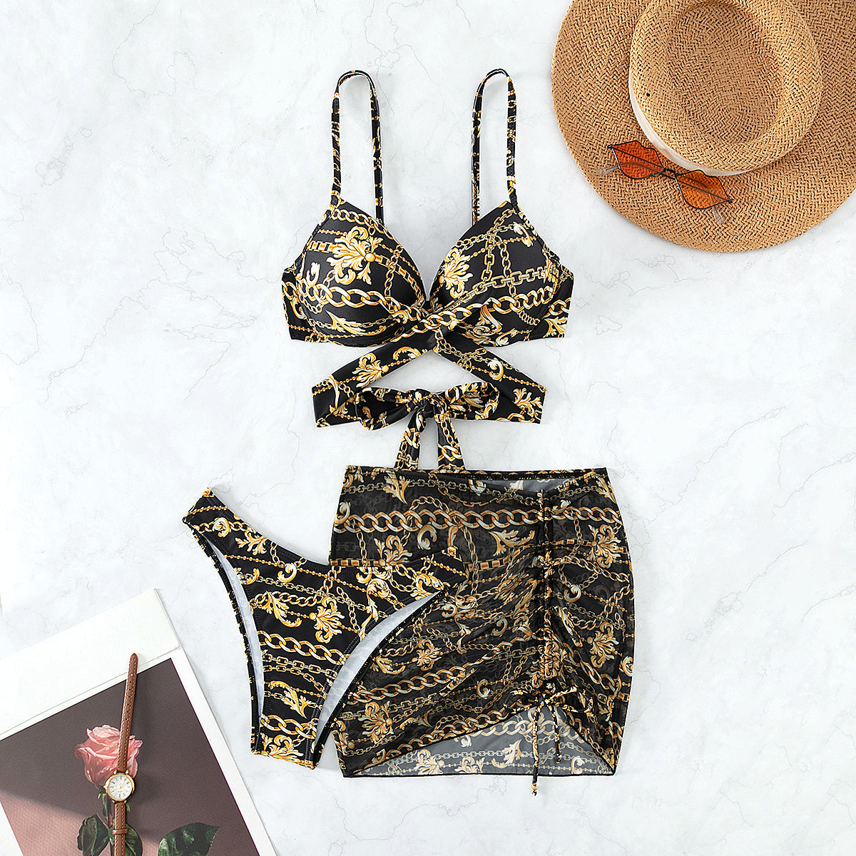 Bikini Sexy Swimsuit Women Three Piece Steel Bracket Push up Printed Lace up Swimwear