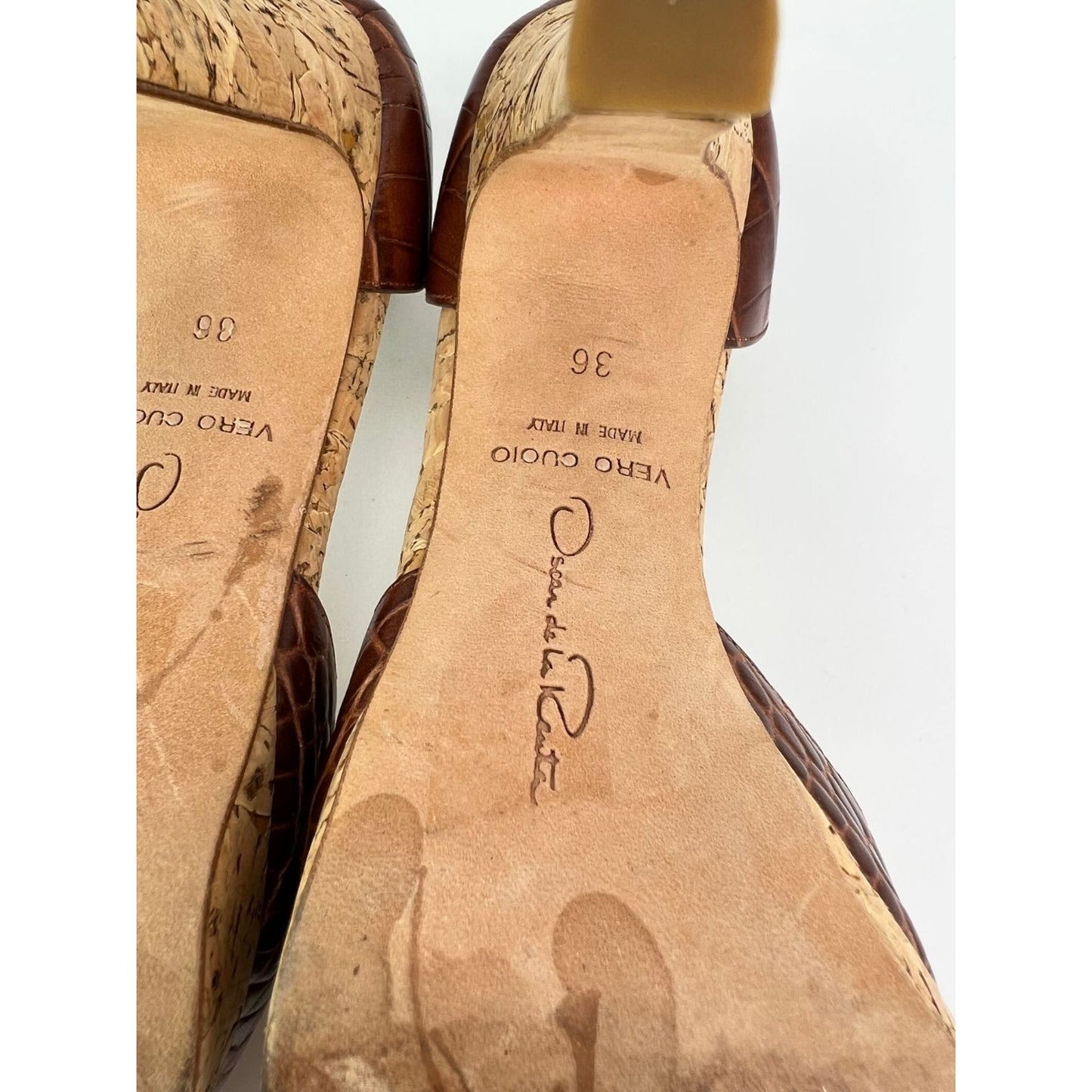 Oscar de la Renta Peep Toe Crocodile Cork Heel Shoe