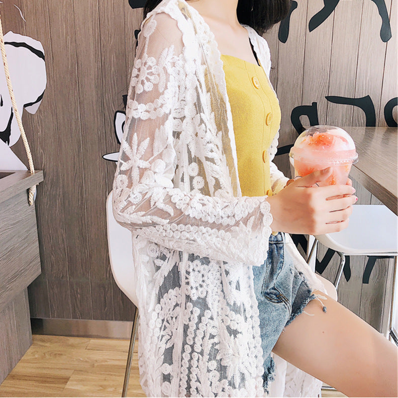 Mesh Swimsuit See through Long Outer Match Sun Protection Clothing Lace Embroidered Cardigan Beach Bikini Beach Jacket Women
