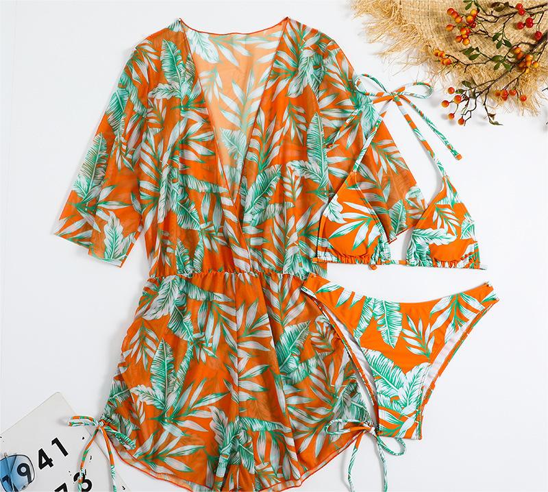 Three Piece Bikini Leaves Printed Waist-Controlled Lace Up Long Sleeve Beach Anti Swimsuit