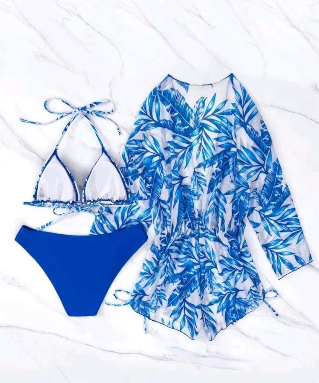 Three Piece Bikini Leaves Printed Waist-Controlled Lace Up Long Sleeve Beach Anti Swimsuit