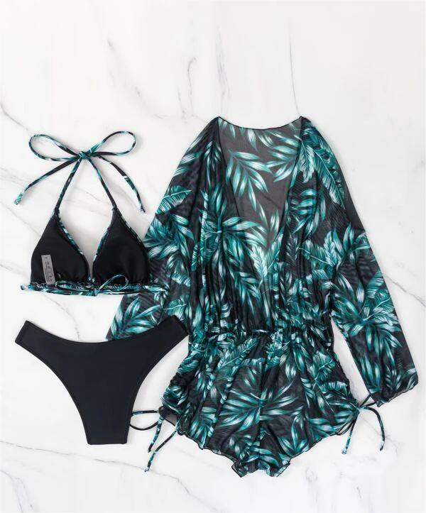 Three Piece Bikini Leaves Printed Waist-Controlled Lace Up Long Sleeve Beach Anti Swimsuit