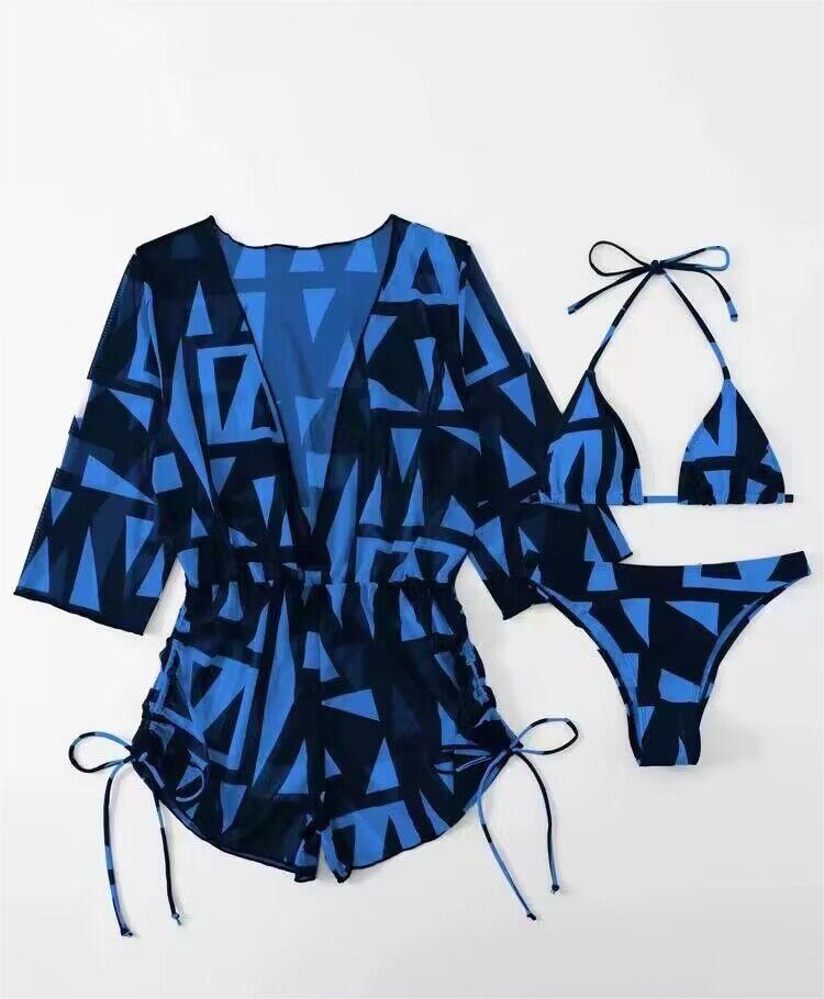 Three Piece Bikini Leaves Printed Waist-Controlled Lace Up Long Sleeve Beach Anti Swimsuit