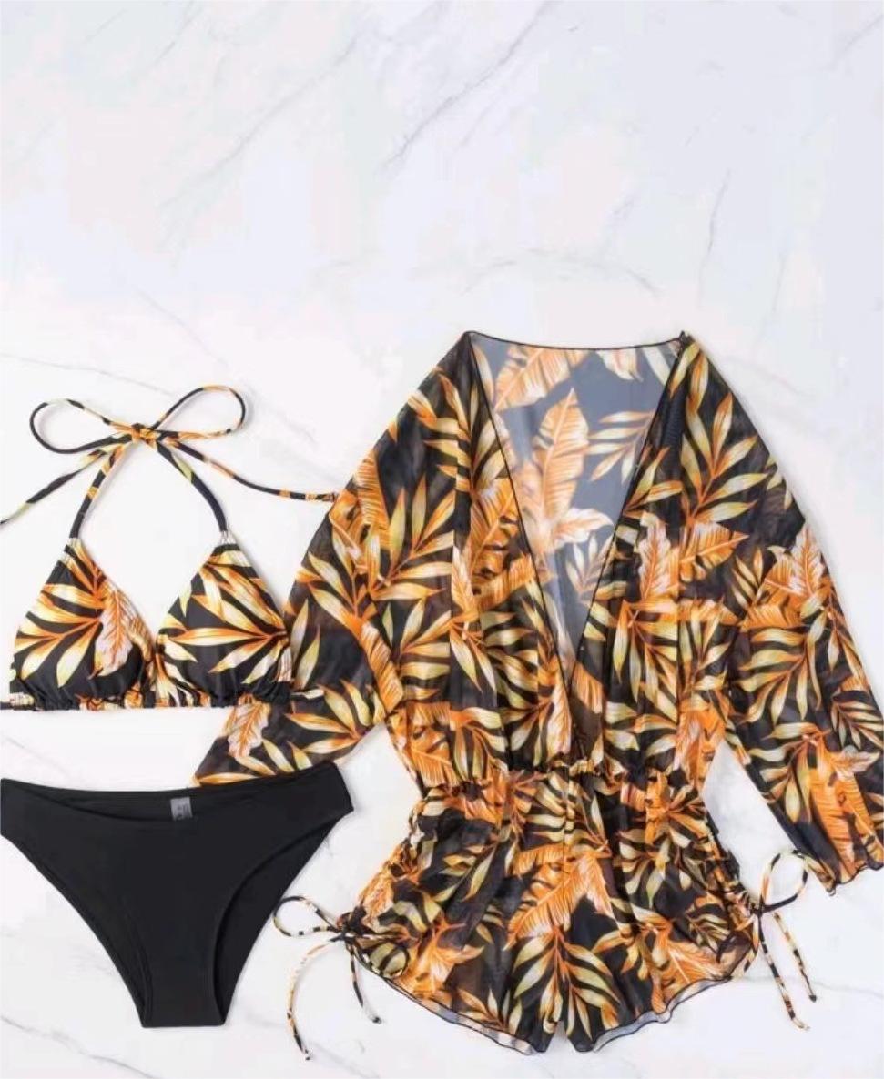 Three Piece Bikini Leaves Printed Waist-Controlled Lace Up Long Sleeve Beach Anti Swimsuit
