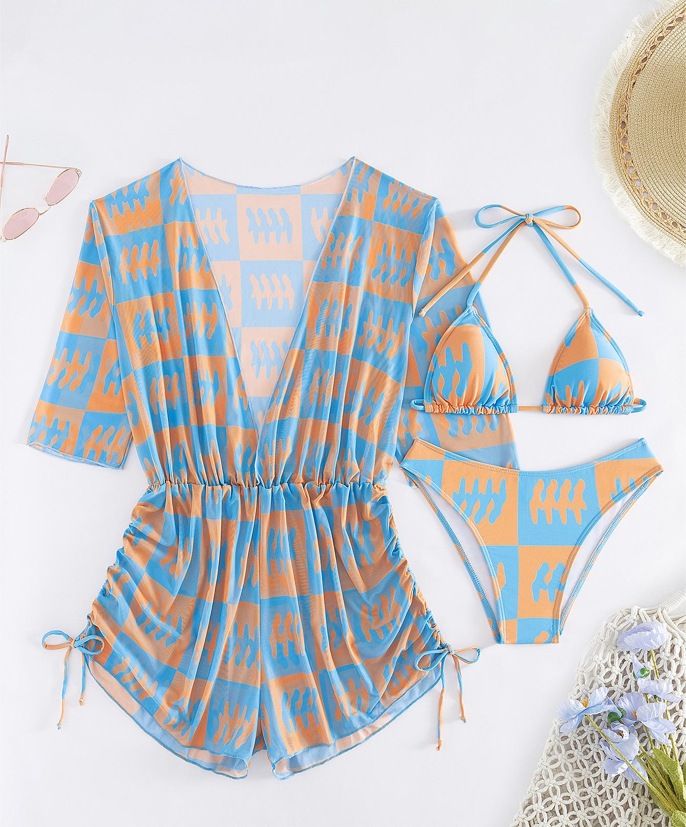 Three Piece Bikini Leaves Printed Waist-Controlled Lace Up Long Sleeve Beach Anti Swimsuit