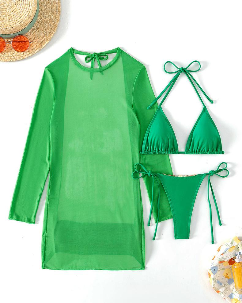 Bikini Three Piece Swimsuit Set Solid Color Sexy Metal Chain Bikini Swimsuit