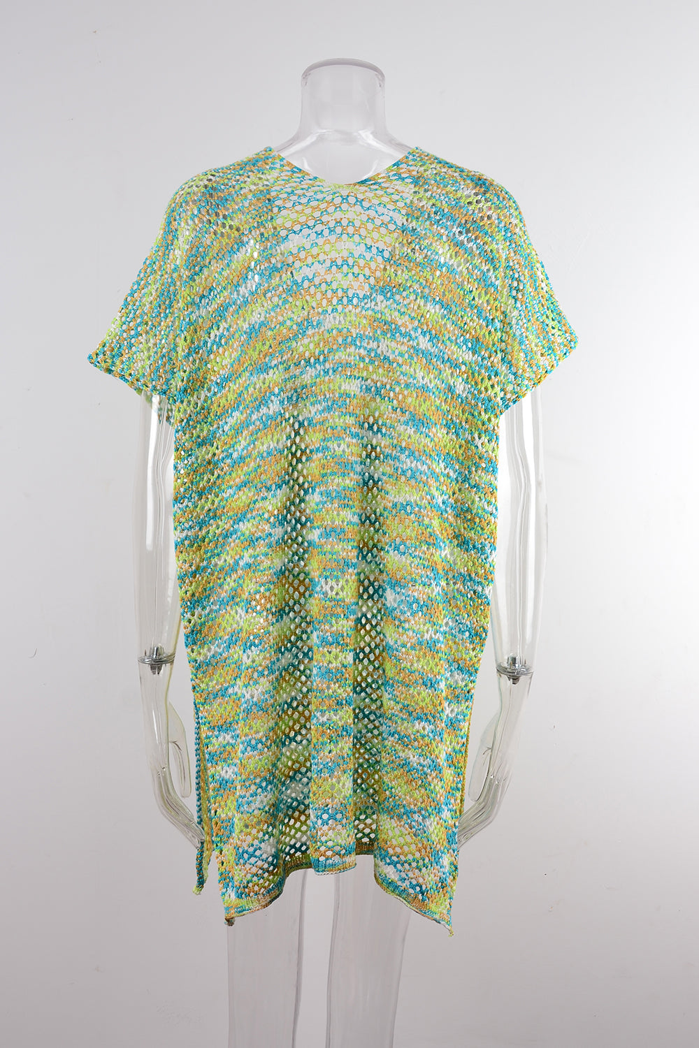 Blouse Summer Rainbow Stitching Hollow Out Cutout Loose Bikini Beach Shirt Knitwear